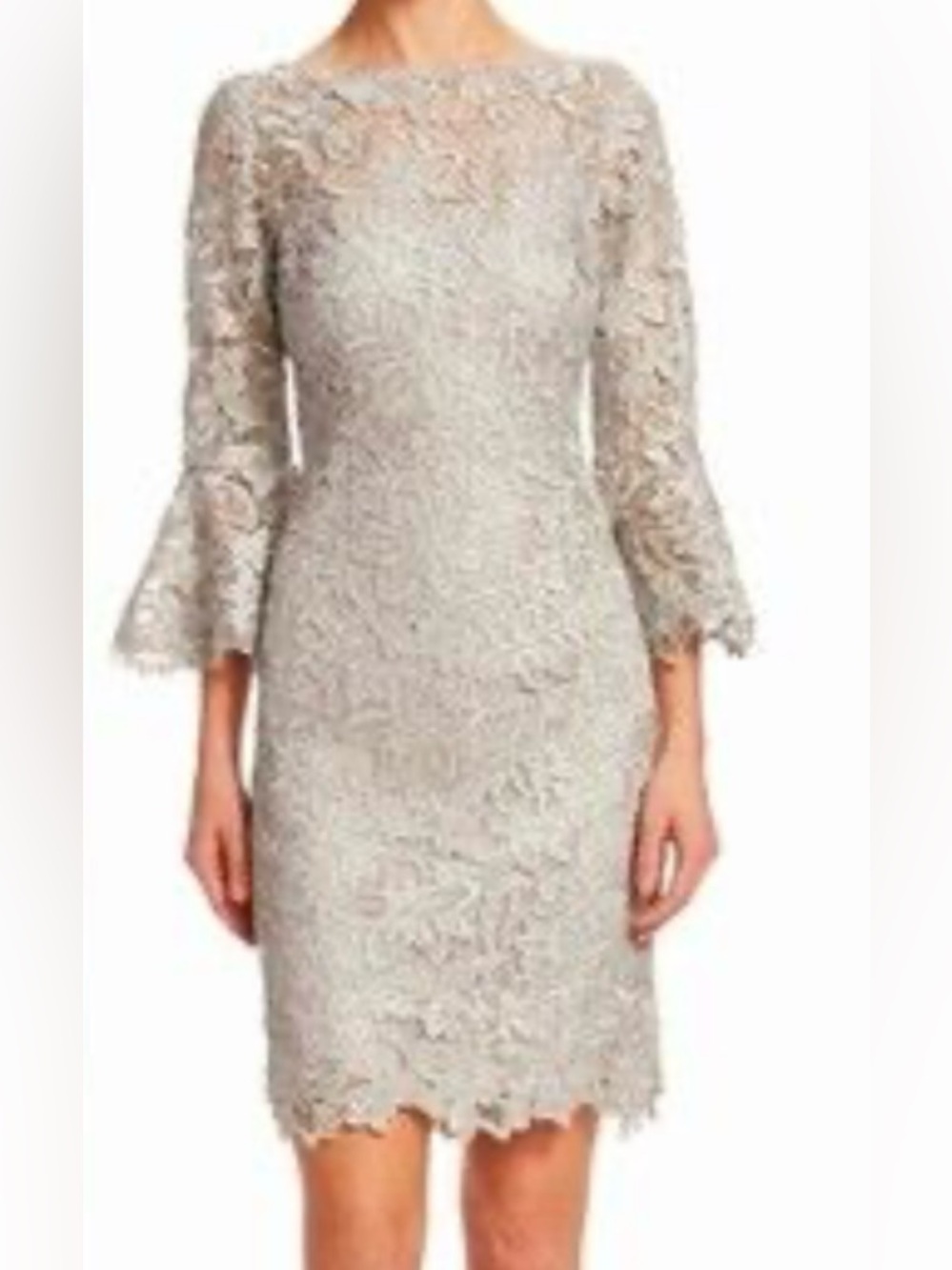 Teri Jon Champagne Lace Midi Dress with Floral Overlay